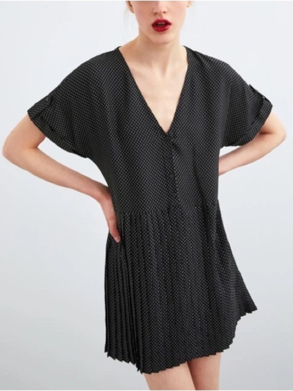 Zara Polka Dot Popover Black & White Pleated Button Dress